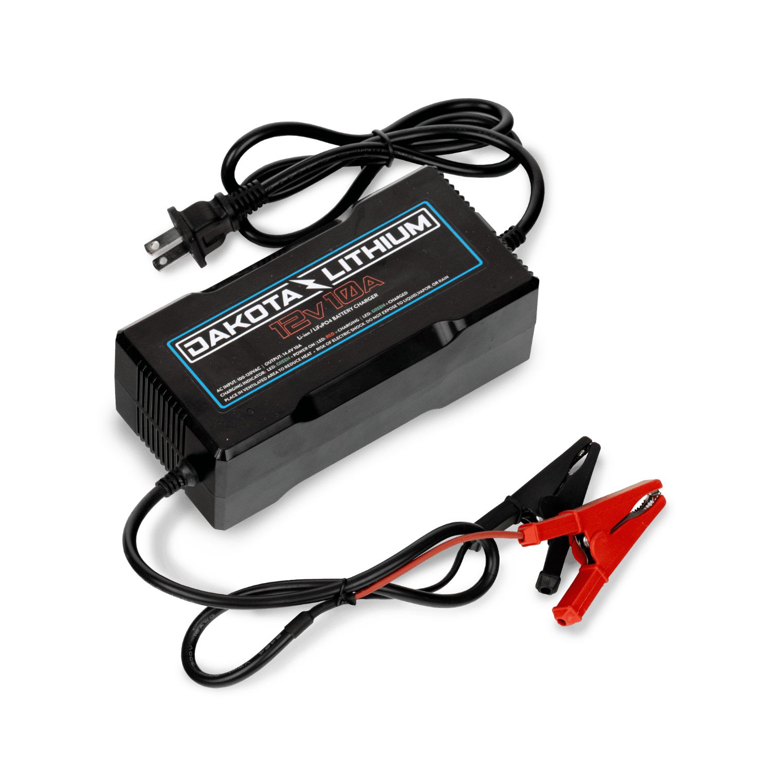 Top view showing alligator clip leads of 12V 10A charger