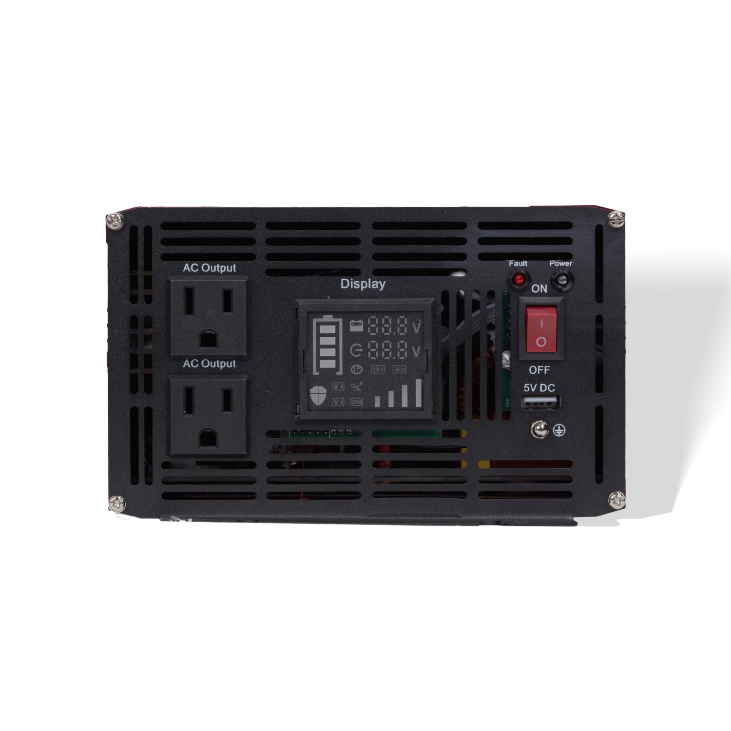 Rear view of the inverter showing cooling vents and terminals