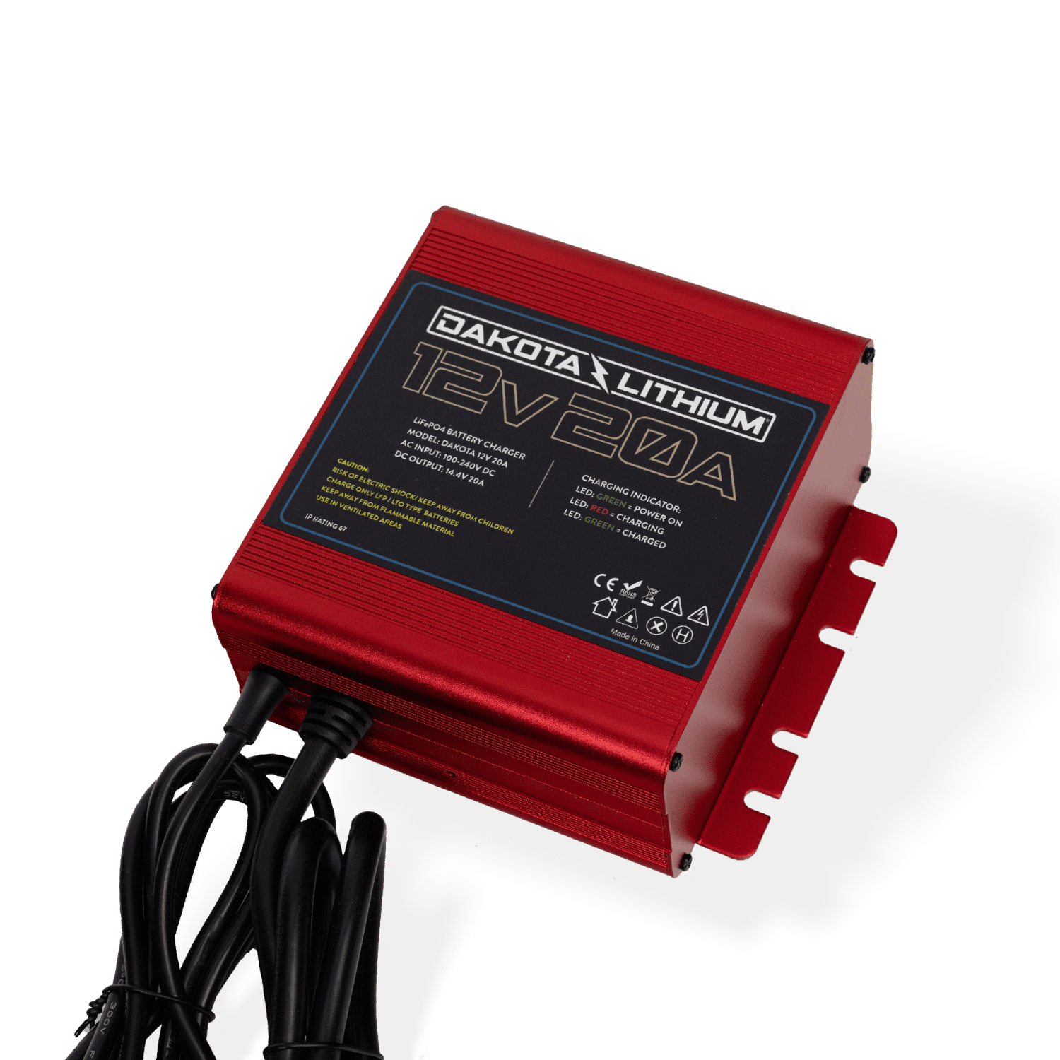 Front view of Dakota Lithium 12V 20A waterproof LiFePO₄ onboard charger
