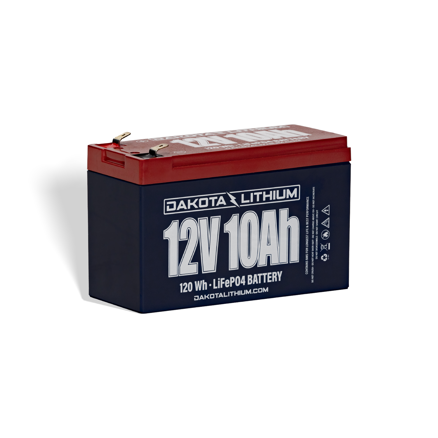 Side view of Dakota Lithium 12V 10Ah battery with F2 terminals visible