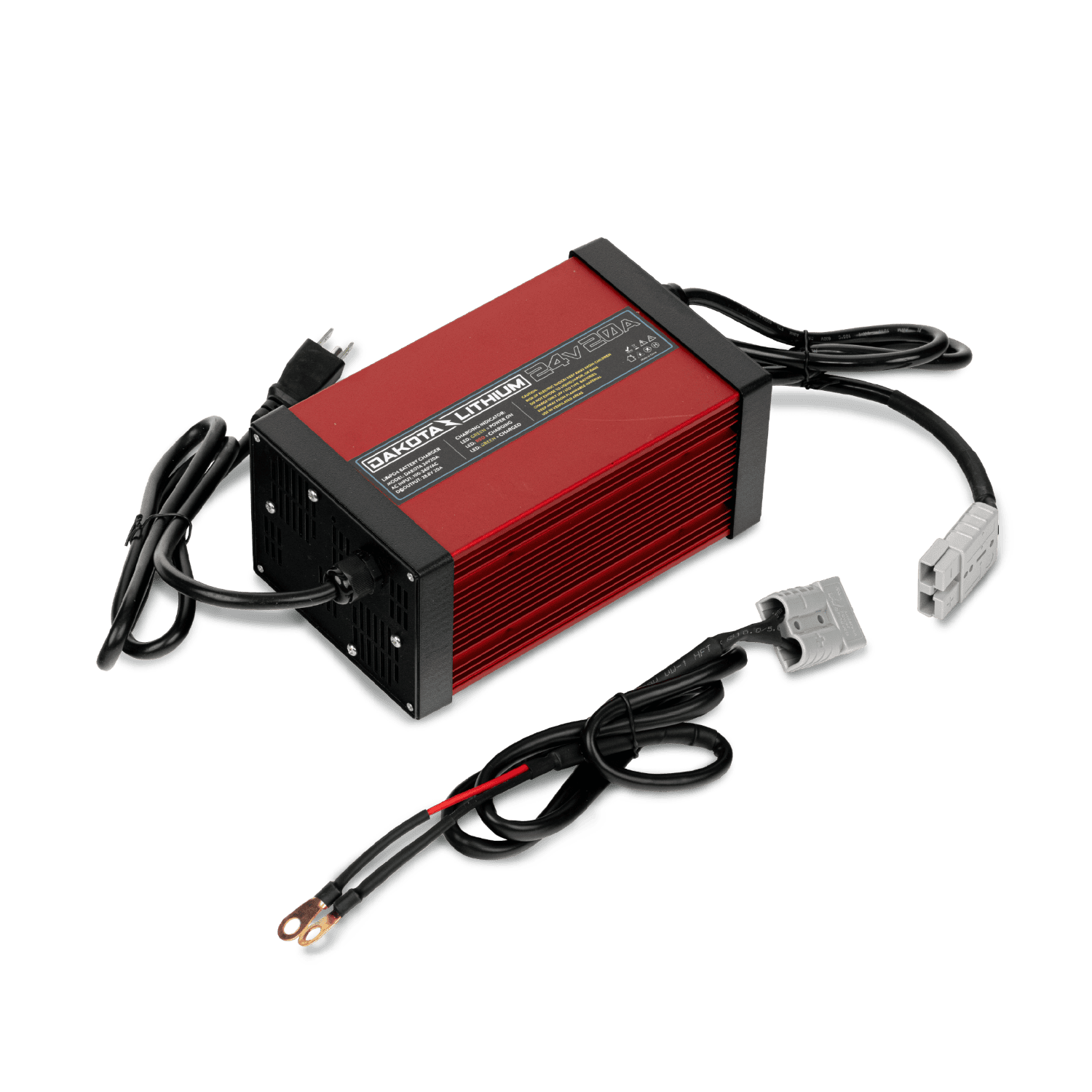 Side view showing cooling fins and Anderson plug of the ultra-fast 24V 20A charger