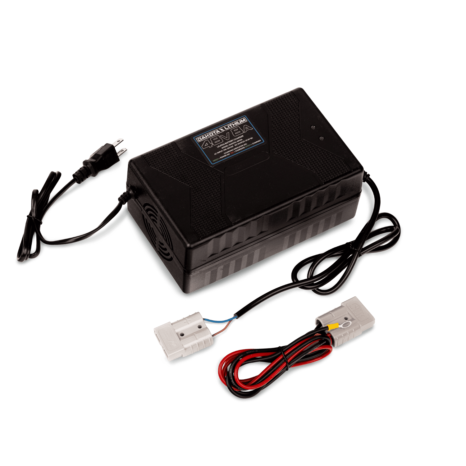 Side view showing heat sink and Anderson SB-50 plug on 48V 8A charger