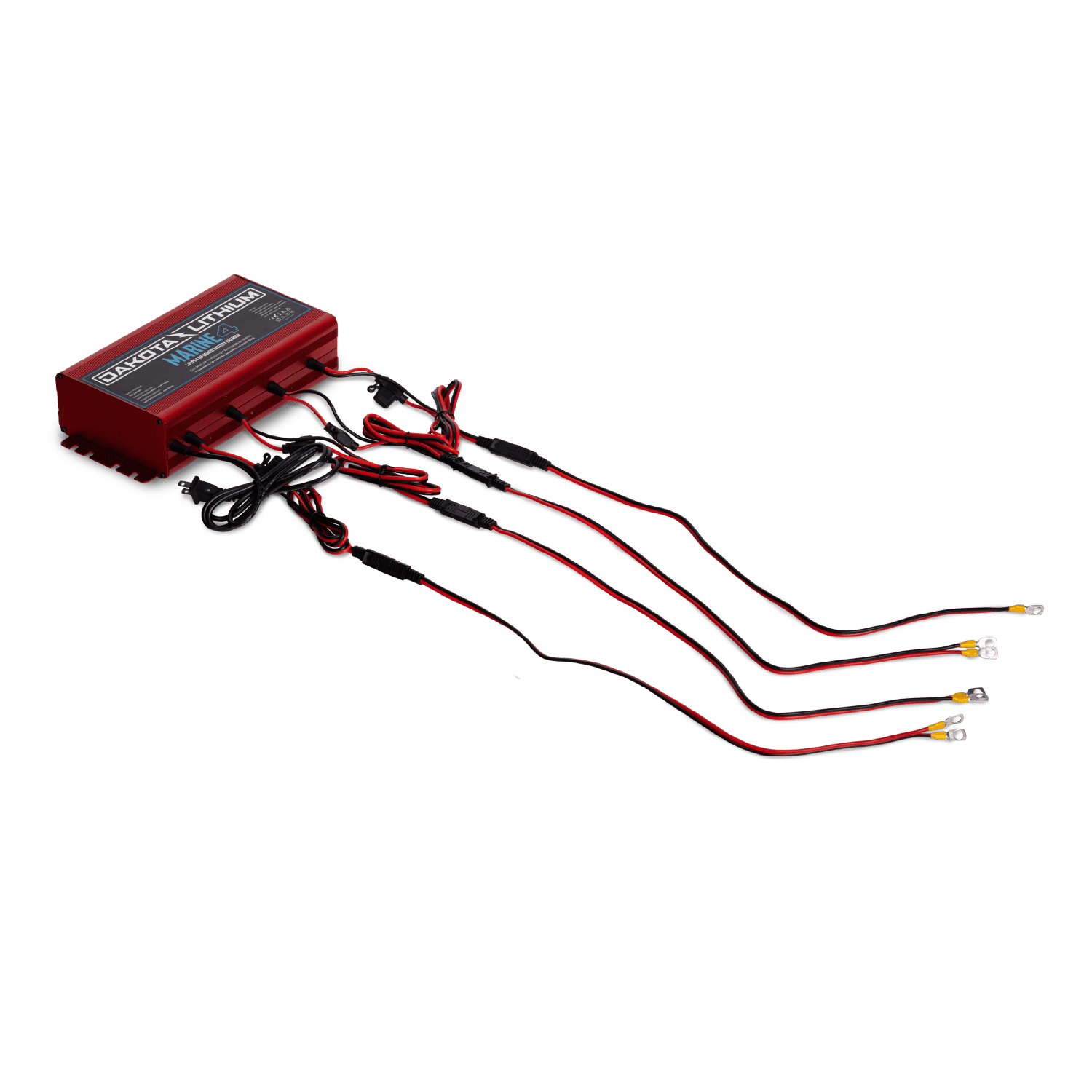 Top view of 4-Bank charger showing SAE plug and ring terminals