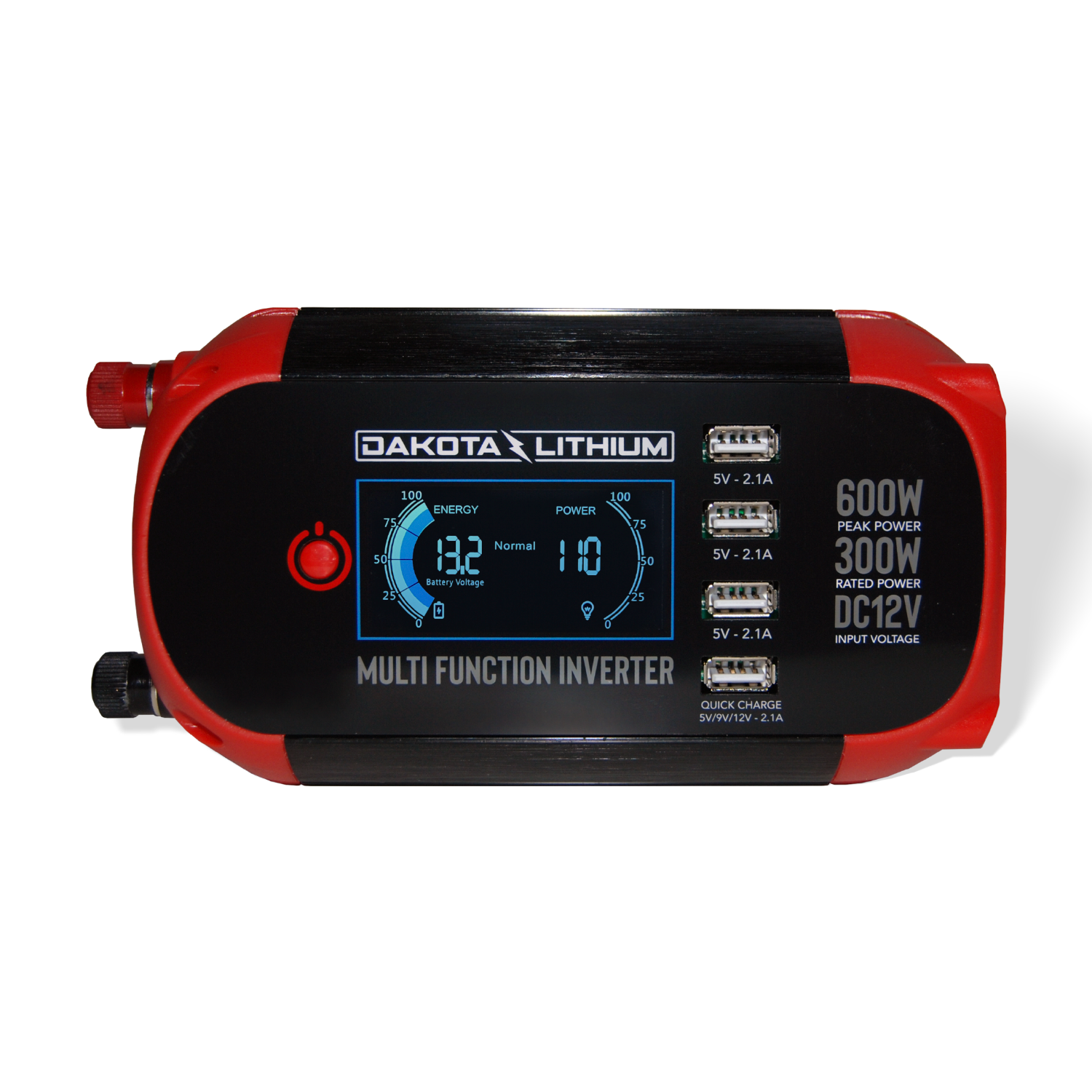 Front view of Dakota Lithium 300W multi-function inverter with LCD display