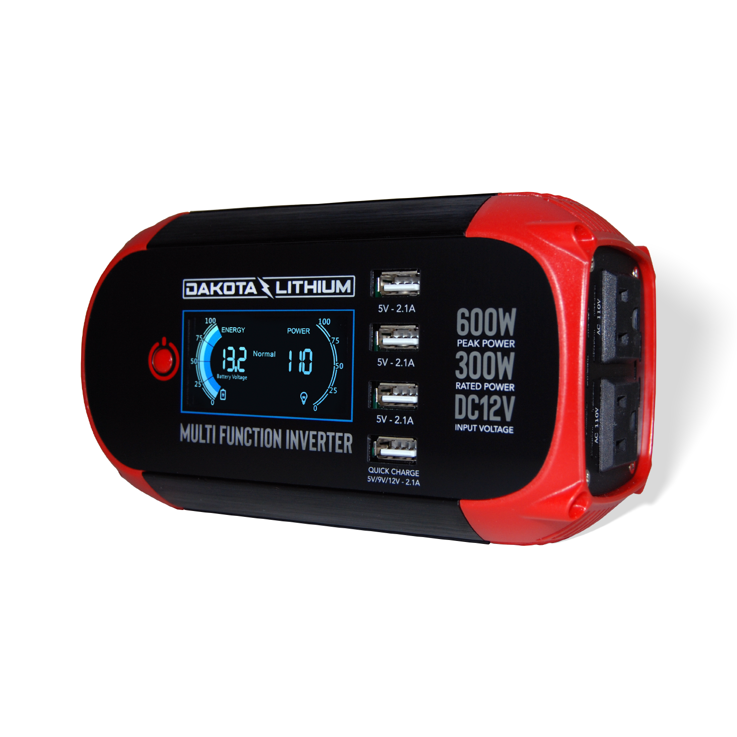 Front view of Dakota Lithium 300W multi-function inverter with LCD display