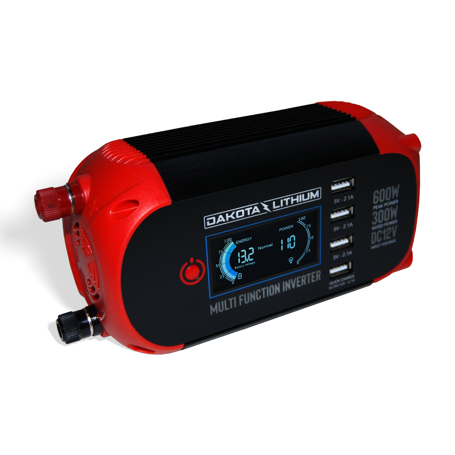 Front view of Dakota Lithium 300W multi-function inverter with LCD display