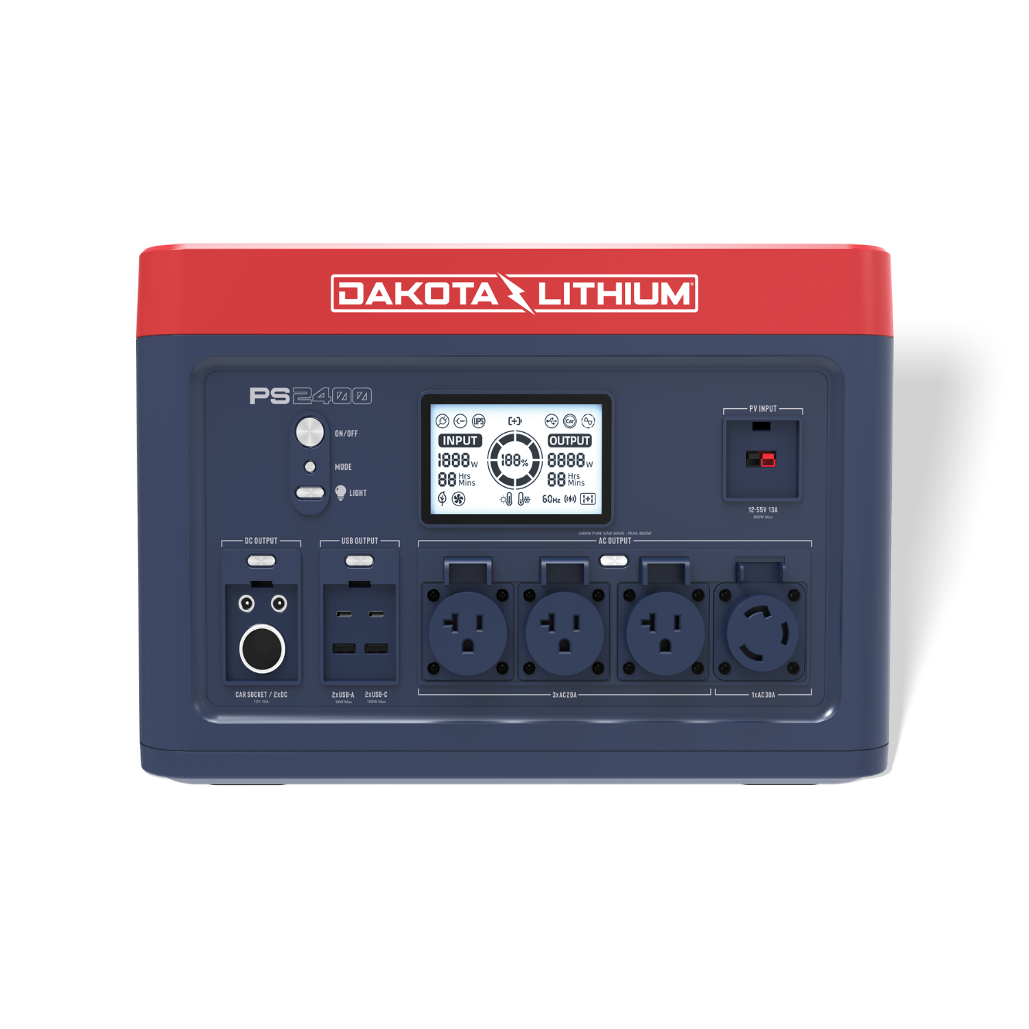 Front view of Dakota Lithium PS2400 Portable Power Station