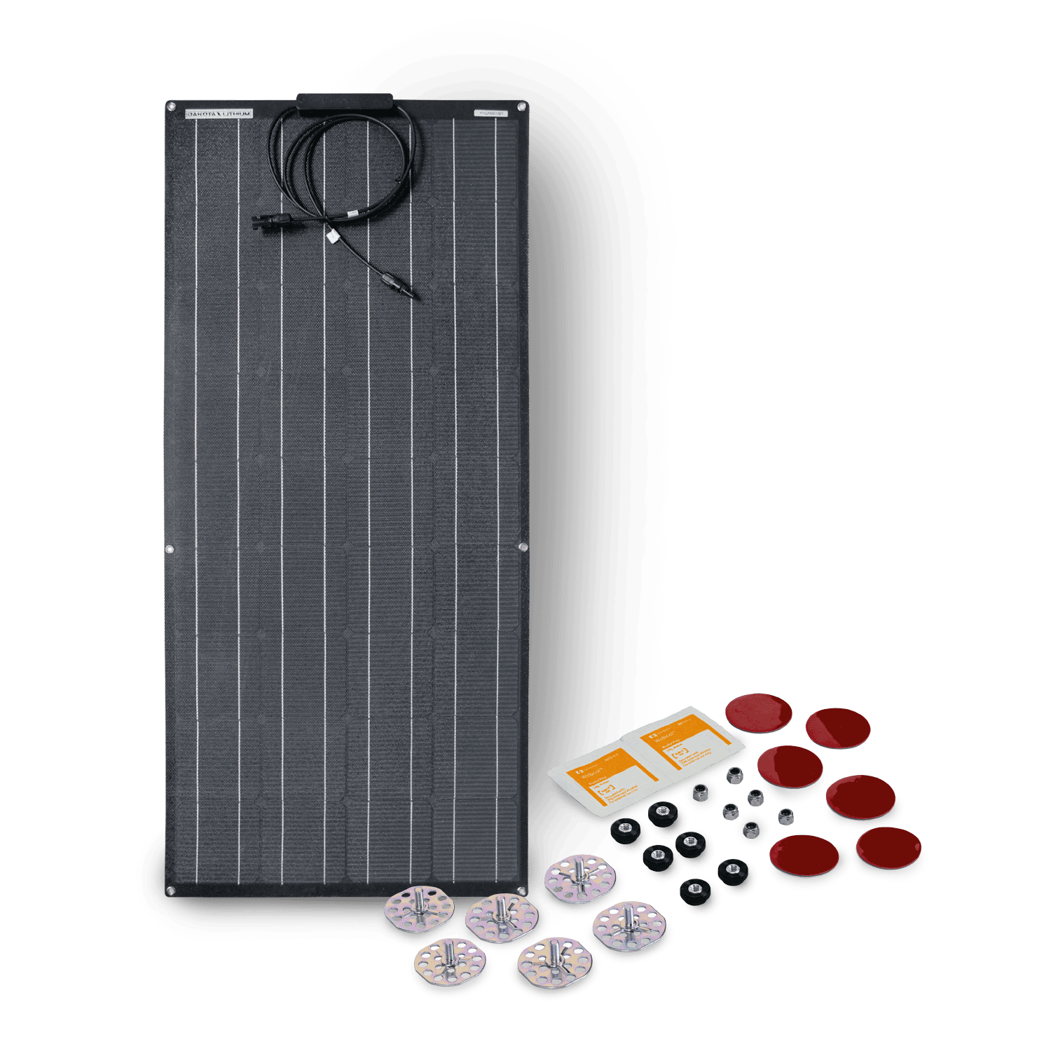 Top view of solar panel with mounting hardware and wiring harness visible