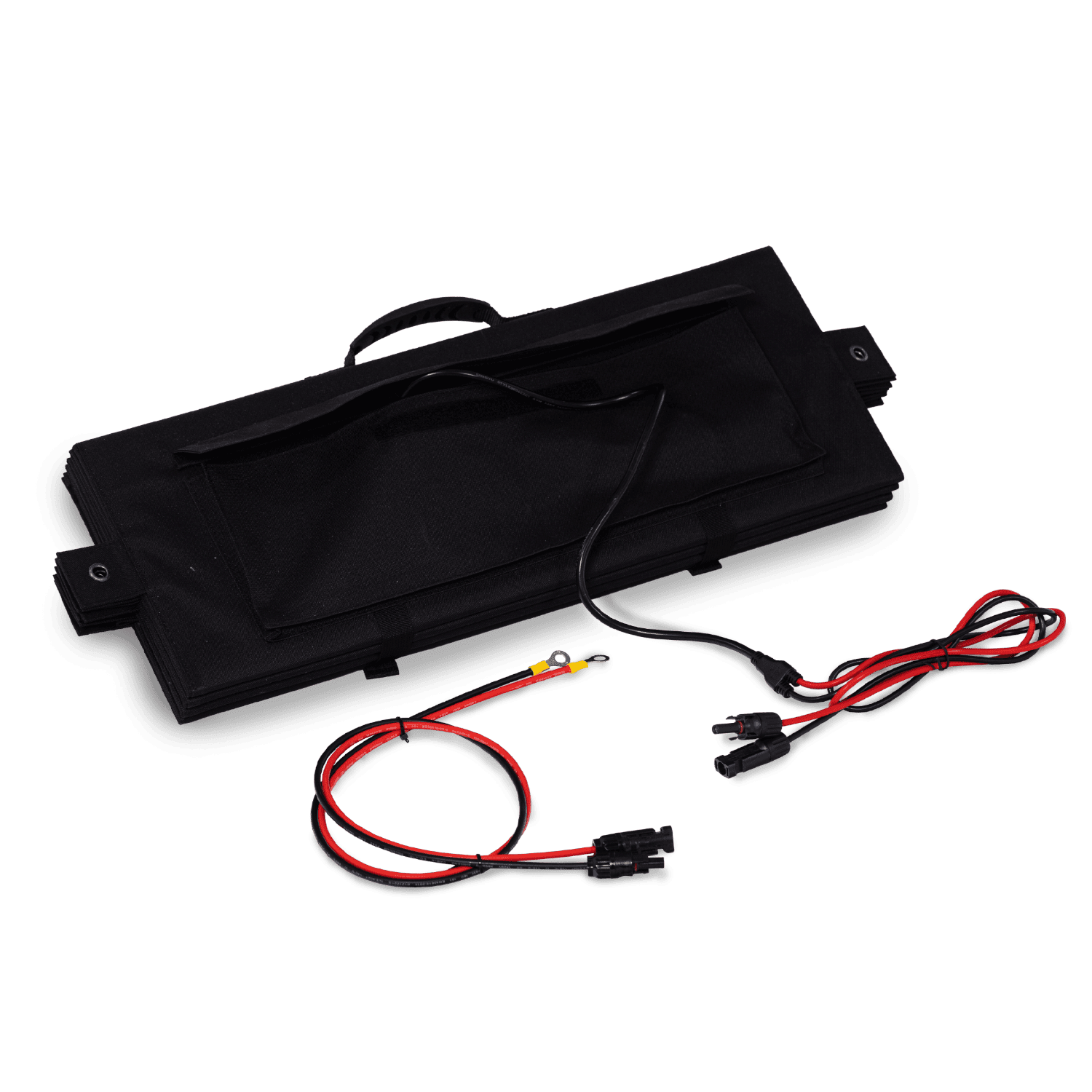 Top view of solar panel with MC-4 connectors and rugged fabric case