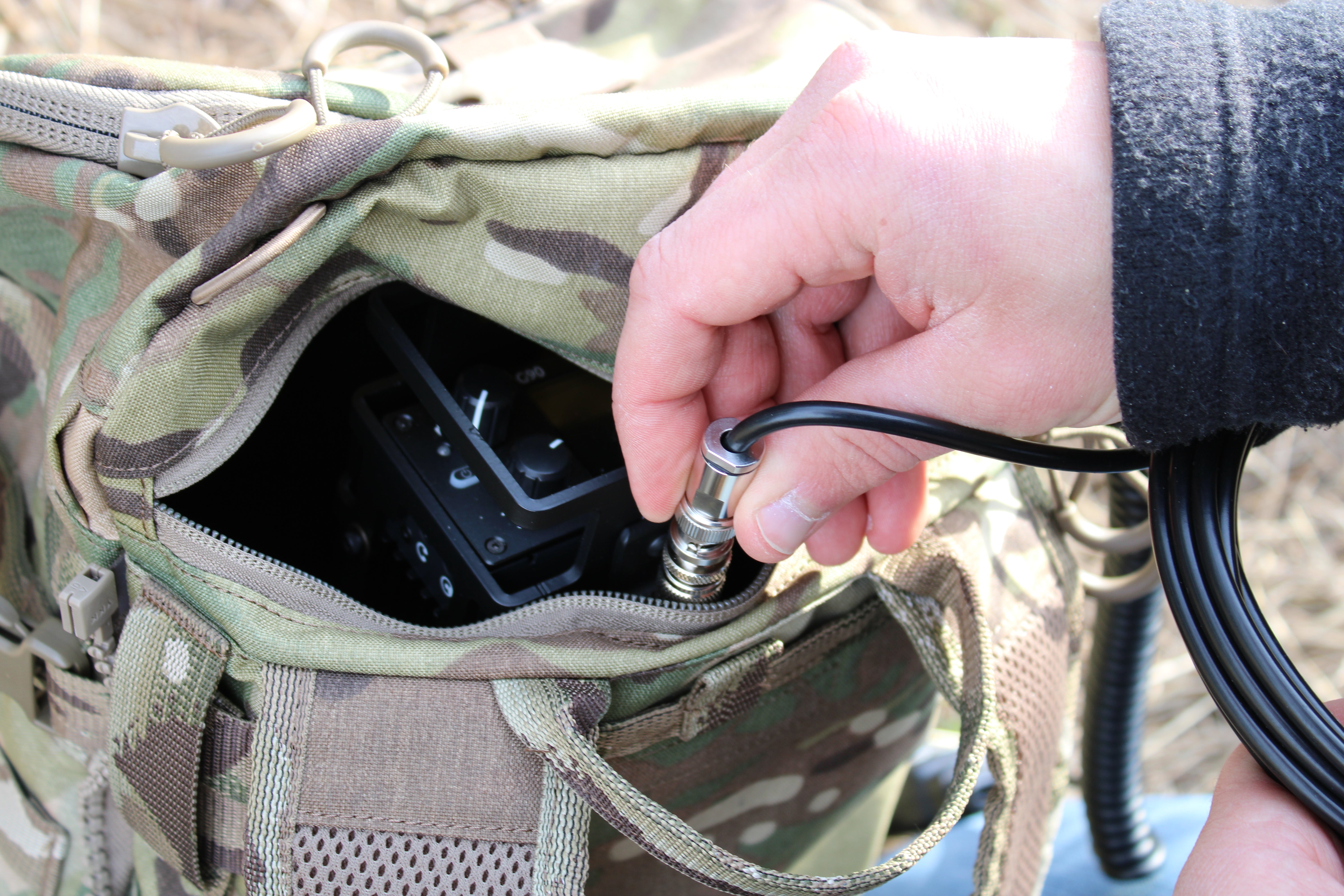 Xiegu G90 HF transceiver with Armoloq TPA-G90 manpack battery system and antenna relocation package