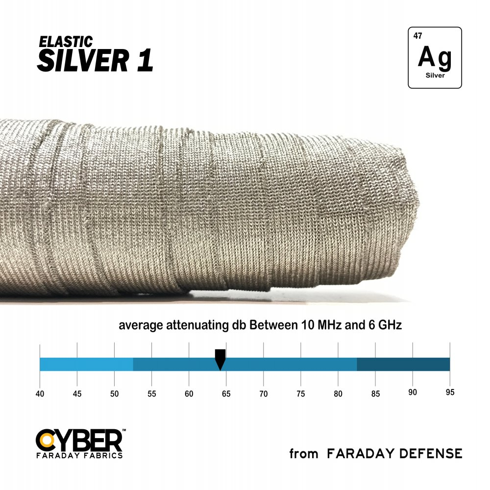 CYBER ES Faraday Fabric EMF RF Shielding Silver Elastic Fabric – 62″ x 1′