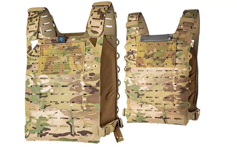 Front/rear view of Blue Force Gear PLATE5 MOLLEminus plate carrier with patch display field
