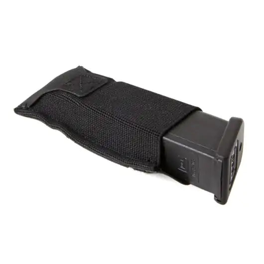 Front view of Blue Force Gear Single Pistol Belt Pouch holding a magazine in black