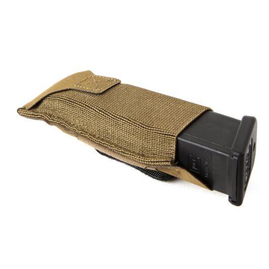 Front view of Blue Force Gear Single Pistol Belt Pouch holding a magazine in coyote brown
