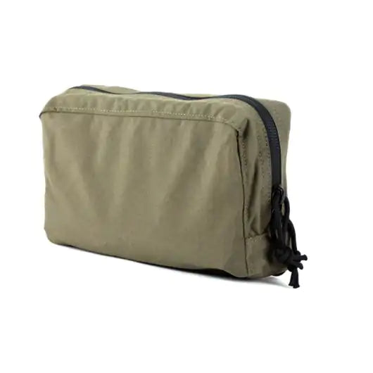 Front view of Blue Force Gear Medium Horizontal Utility Pouch with Helium Whisper attachment system in ranger green