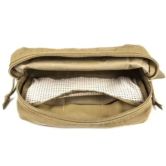 View of the pouch open showing interior layout and storage capacity