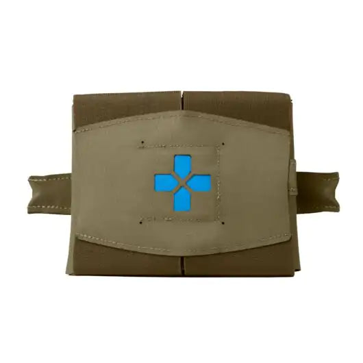 Front view of Blue Force Gear Micro Trauma Kit NOW! Plus+ pouch in ranger green