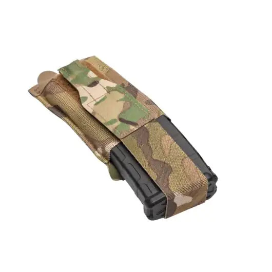 Front view of Blue Force Gear Flapped Ten-Speed M4 Mag Pouch in multicam with flap closed