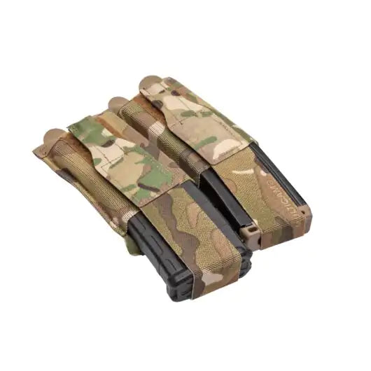 Front view of Blue Force Gear Flapped Ten-Speed Double M4 Mag Pouch in multicam with flap closed