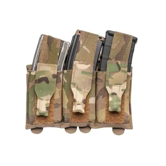 Front view of Blue Force Gear Flapped Ten-Speed Triple M4 Mag Pouch in multicam with flap closed