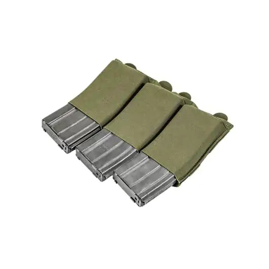 Front view of Blue Force Gear Ten-Speed Triple M4 Magazine Pouch holding three magazines in ranger green