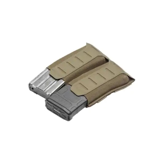 Front view of Blue Force Gear Stackable Ten-Speed Double M4 Mag Pouch with MOLLEminus stackable front in ranger green