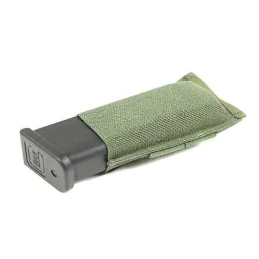 Front view of Blue Force Gear Ten-Speed Single Pistol Mag Pouch holding a double-stack magazine in ranger green