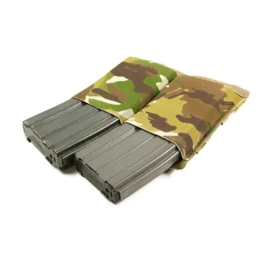 Front view of Blue Force Gear Ten-Speed Double M4 Mag Pouch holding two magazines in multicam
