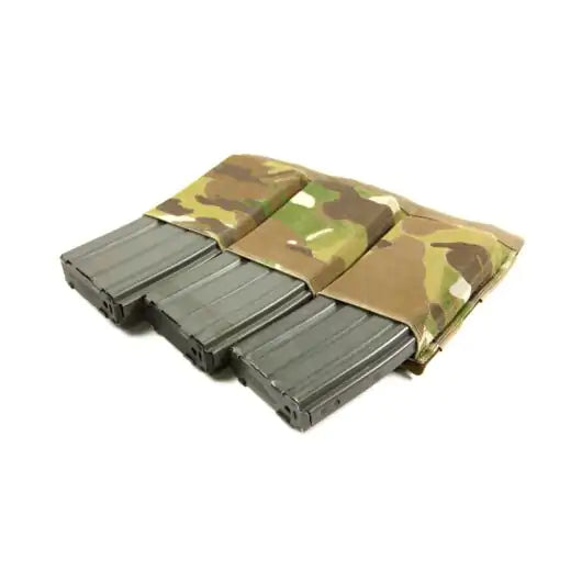 Front view of Blue Force Gear Ten-Speed Triple M4 Magazine Pouch holding three magazines in multicam