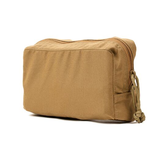 Front view of Blue Force Gear Medium Horizontal Utility Pouch with Helium Whisper attachment system in coyote brown
