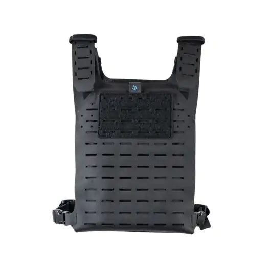 Front view of Blue Force Gear PLATE5 MOLLEminus plate carrier with patch display field in black