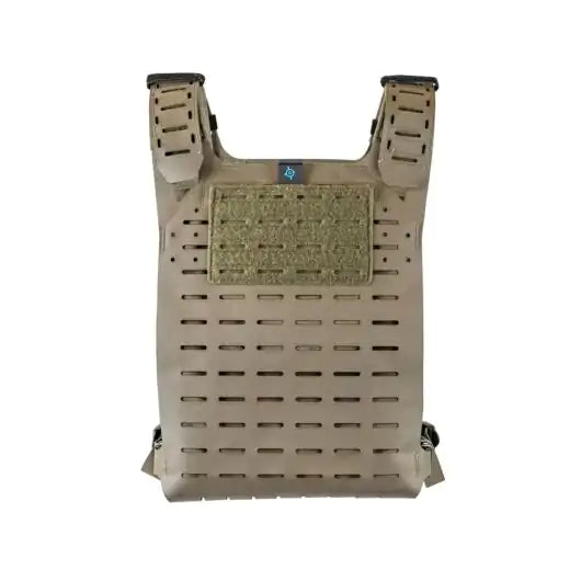 Front view of Blue Force Gear PLATE5 MOLLEminus plate carrier with patch display field in ranger green