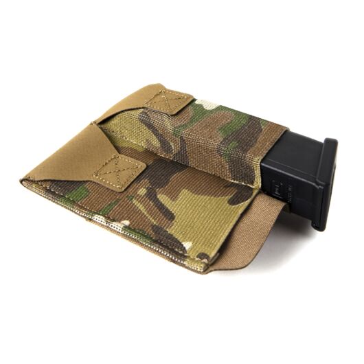 Front view of Blue Force Gear Double Pistol Belt Pouch in multicam showing two magazine slots
