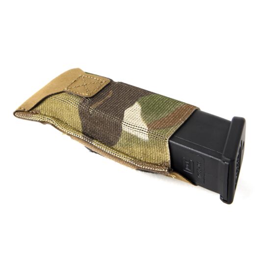 Front view of Blue Force Gear Single Pistol Belt Pouch holding a magazine in multicam