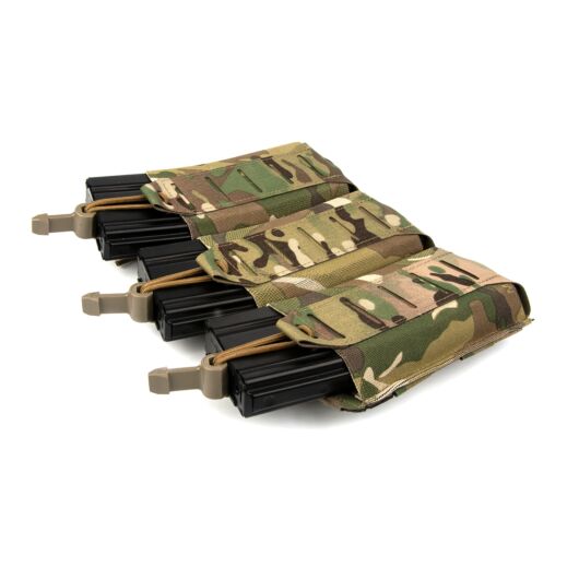 Front view of Blue Force Gear Mag NOW! Triple M4 Pouch with pull tab retention in multicam