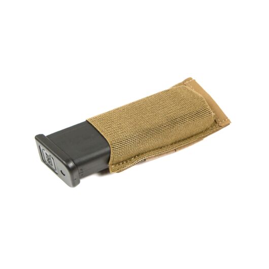 Front view of Blue Force Gear Ten-Speed Single Pistol Mag Pouch holding a double-stack magazine in coyote brown