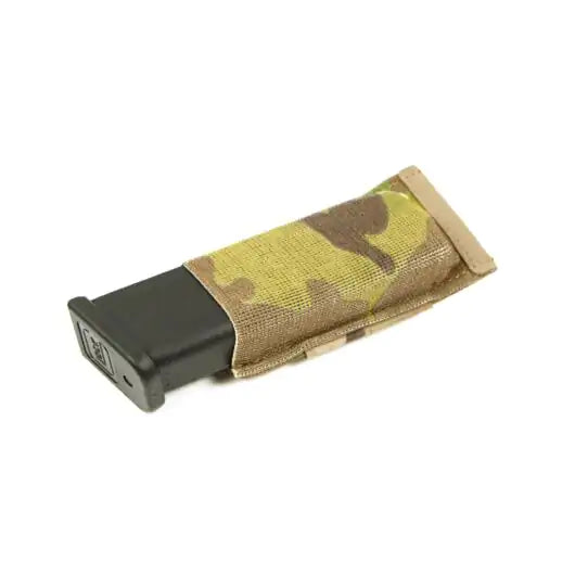 Front view of Blue Force Gear Ten-Speed Single Pistol Mag Pouch holding a double-stack magazine in multicam