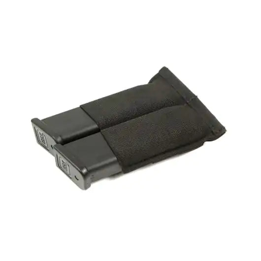 Front view of Blue Force Gear Ten-Speed Double Pistol Mag Pouch with two pistol magazines in black