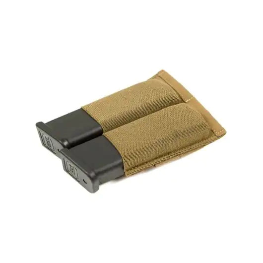 Front view of Blue Force Gear Ten-Speed Double Pistol Mag Pouch with two pistol magazines in coyote brown
