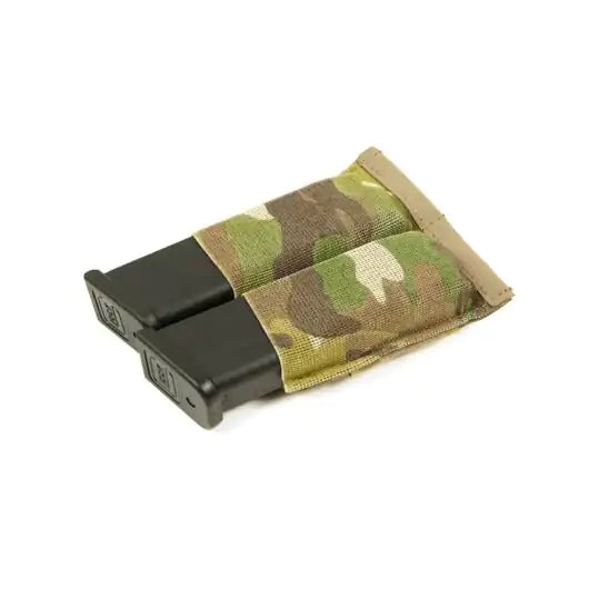 Front view of Blue Force Gear Ten-Speed Double Pistol Mag Pouch with two pistol magazines in multicam
