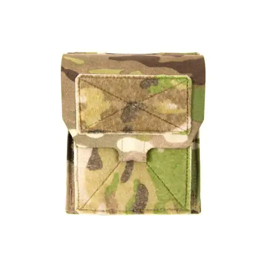 Front view of Blue Force Gear Small Admin Pouch with Helium Whisper MOLLE attachment in multicam
