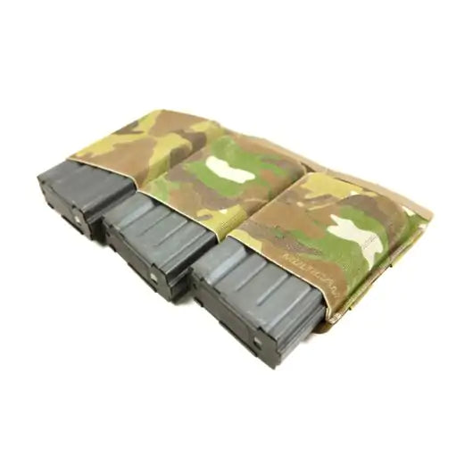 Front view of Blue Force Gear Ten-Speed Triple 308 Mag Pouch holding three .308 magazines in multicam