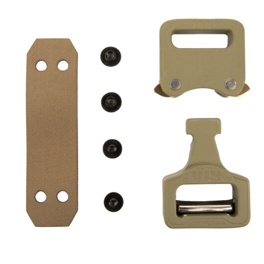 Close-up view of hardware and buckle components in the COBRA® Buckle Kit in coyote brown