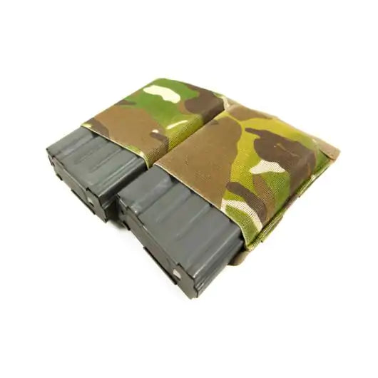 Front view of Blue Force Gear Ten-Speed Double .308 Mag Pouch holding two .308 magazines in multicam